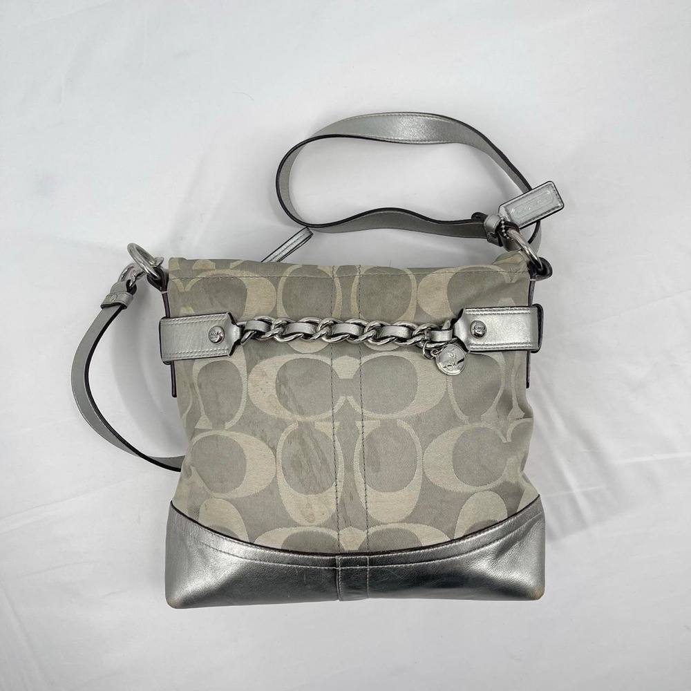 Vintage Y2K Coach Monogram Hobo Bag Purse Canvas Leather Silver Gray Tote Flawed